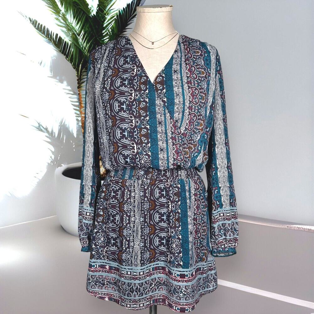NORDSTROM CHELSEA28 Boho Print Mini Dress Puff Sleeve Cinched Waist Teal Red